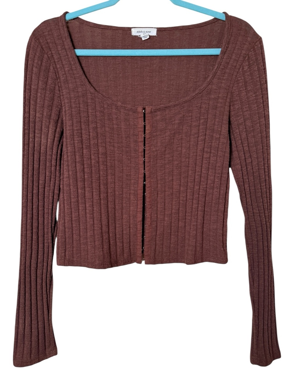 Stitch & Pine XL ribbed scoop-neck cropped cardigan in chestnut brown
